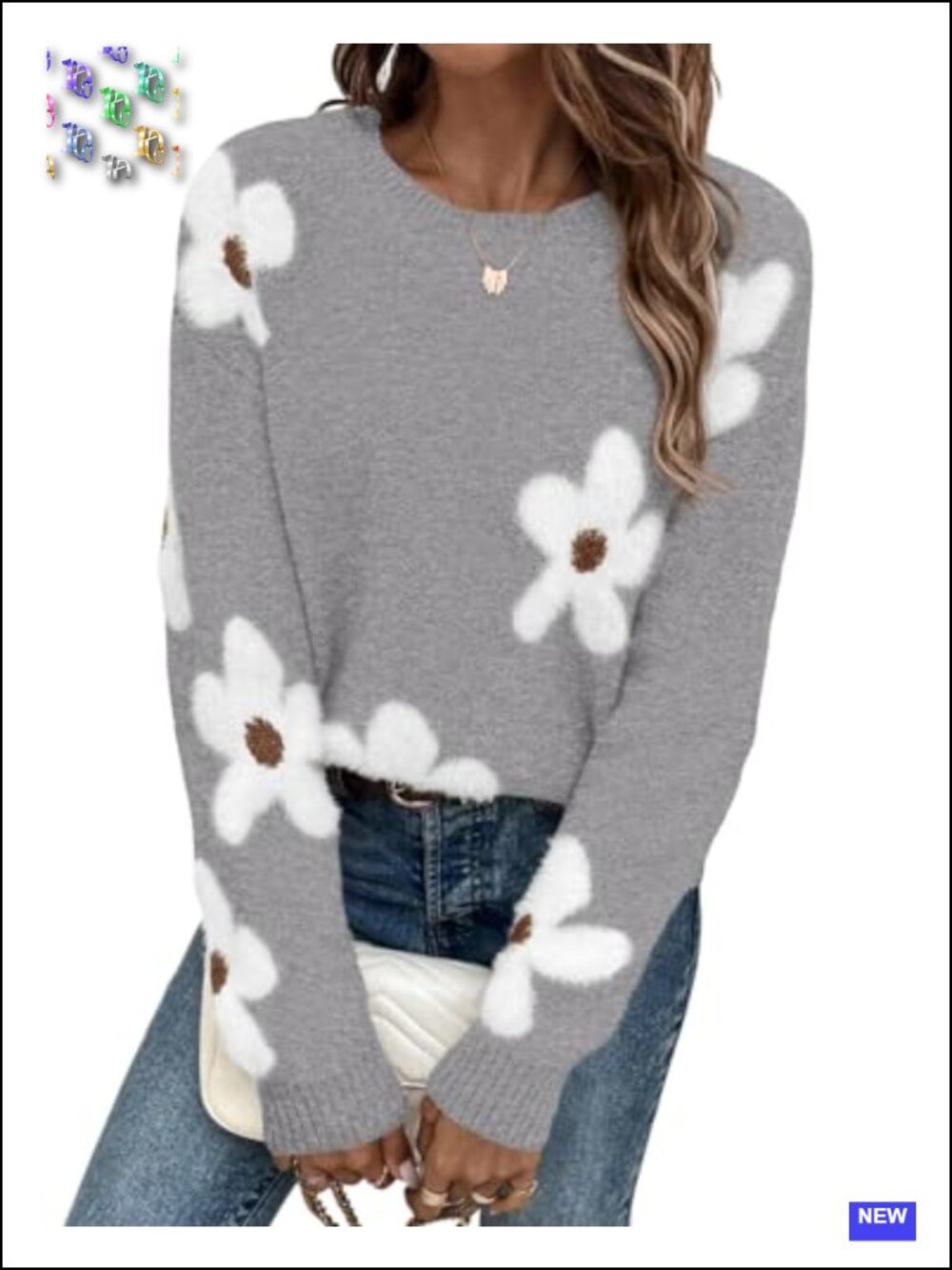 Women's Floral Chunky Knit Crewneck Pullover | Cozy Loose Fit Long Sleeve - Picture 1 of 6